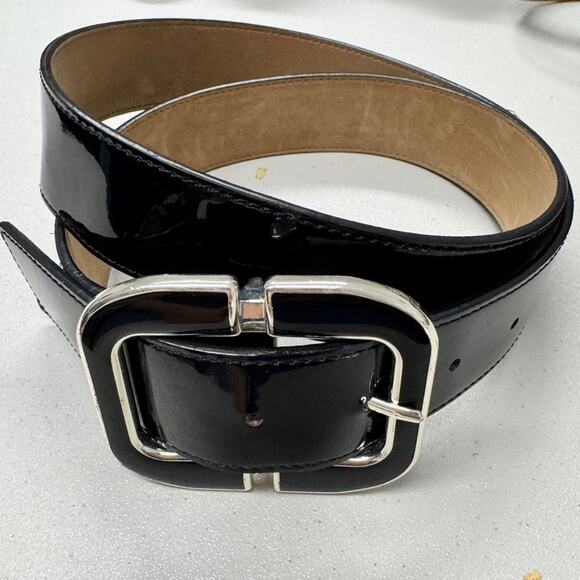 Ann Taylor Black Patent Leather Womens Belt Silver Black Enameled Buckle - Picture 1 of 6